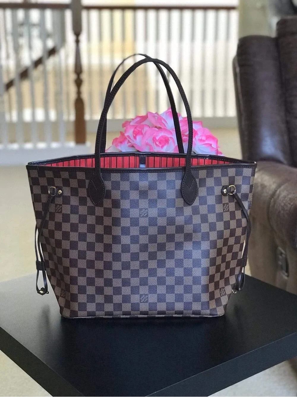 Louis Vuitton Brown Damier Tote with Red Interior